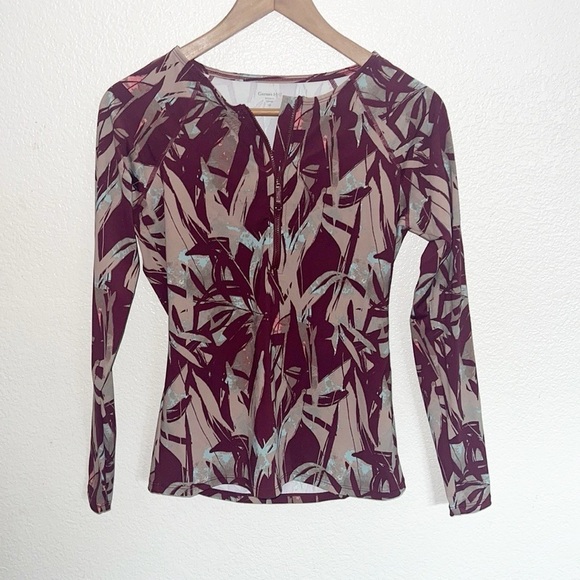 Garnet Hill Tops - Garnet Hill Maroon Tropical Floral Long Sleeve Rash Guard Quarter Zip Top